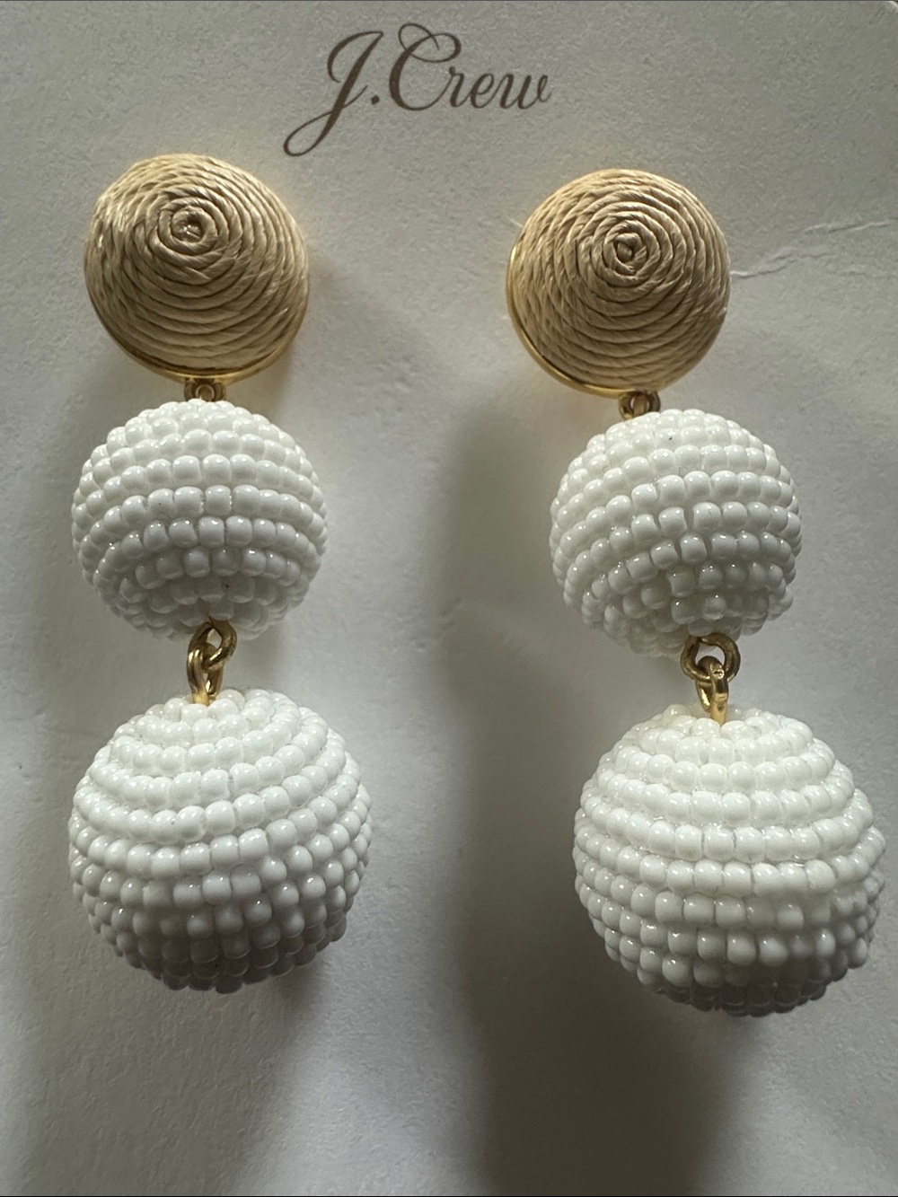J. Crew White Beaded Double-Drop Earrings with Gold Accents